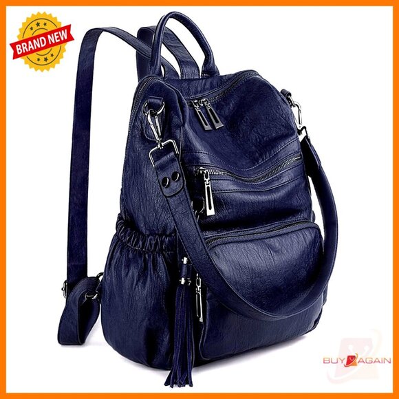 Large Vegan Leather Backpack with Laptop Compartment and Multiple Pockets